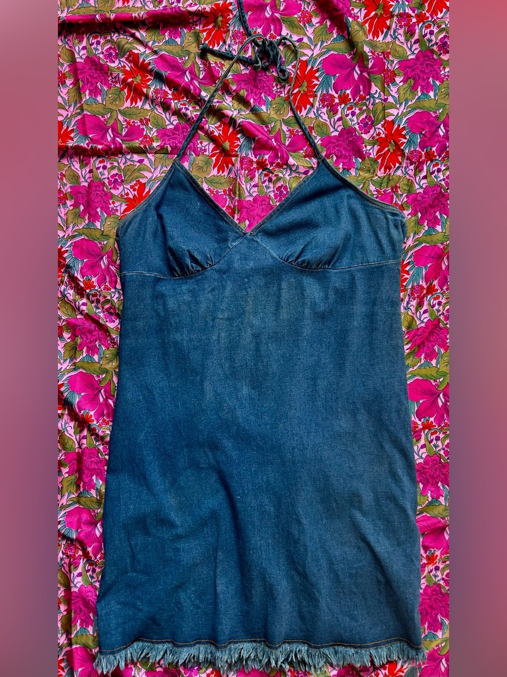 Vintage 90s Y2K Denim Dress Bodycon Stretch Baby Doll Bratz Raw Hem Bohemian
